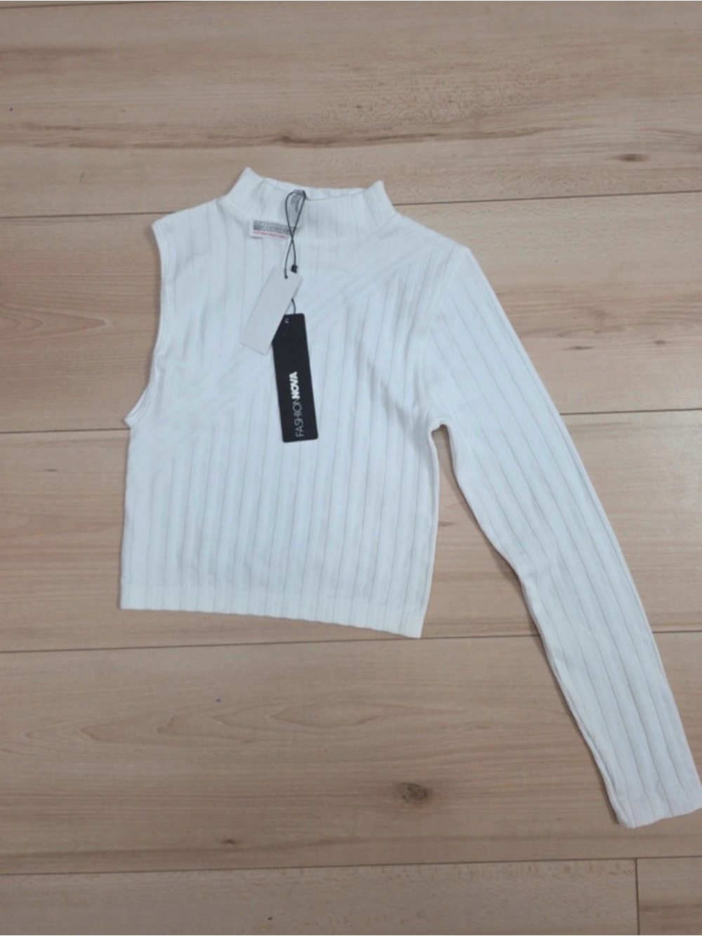 Fashion Nova White One-Arm Ribbed Mock Neck Crop Top